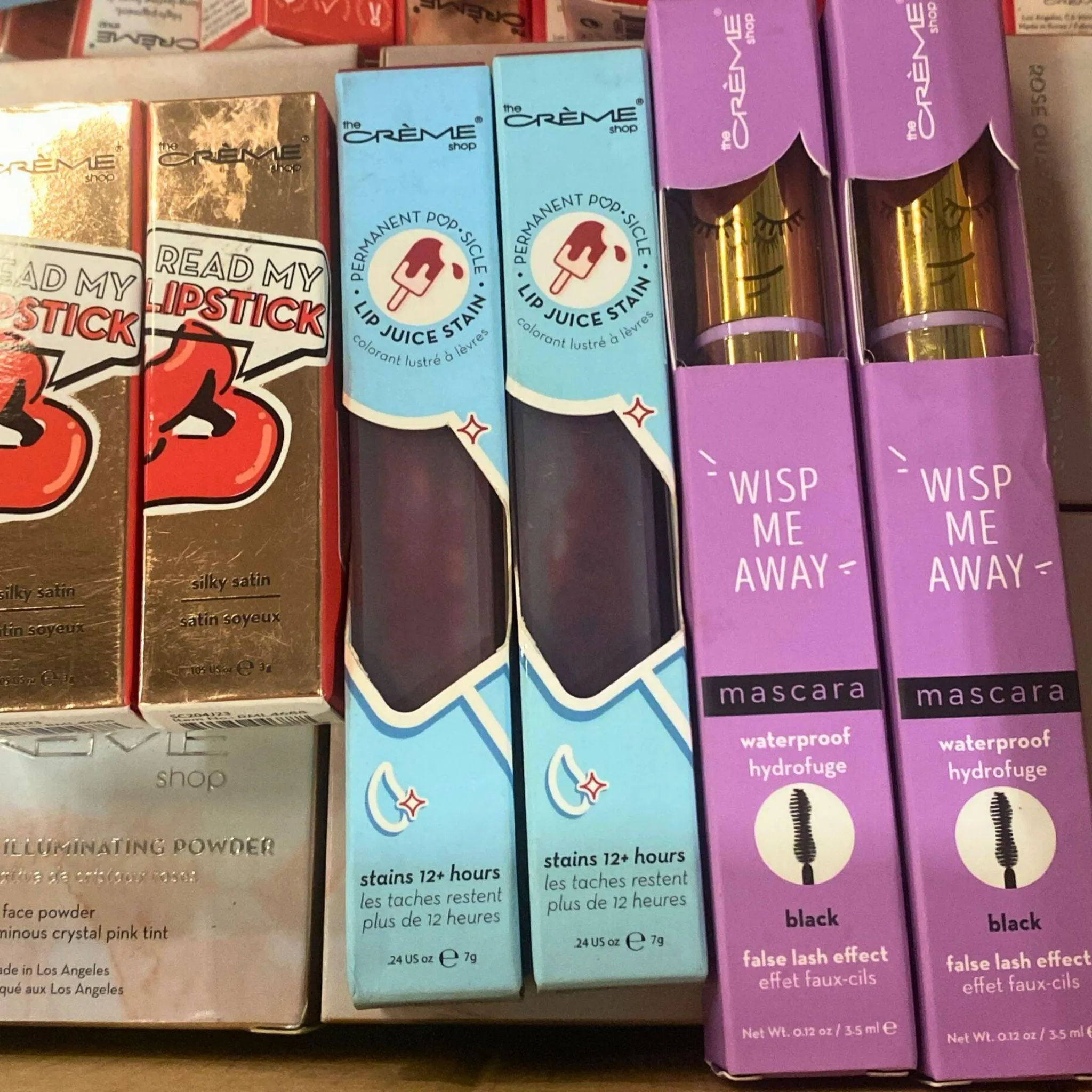 The Creme Shop Wisp Me Away Mascara , Lip Juice Stain  & Read My Lipstick Silky Satin (70 Pcs Lot)