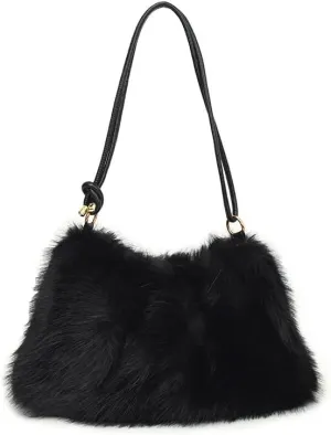 Ulisty Women Small Faux Fox Fur Hobo Bag Furry Underarm Bag Plush Shoulder Bag Fashion Purse Handbag