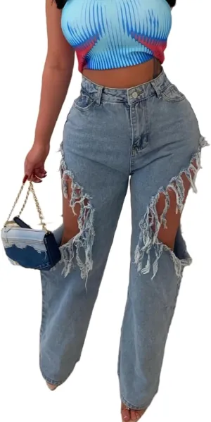Vaceky Destroyed Ripped Jeans Women Stretch Straight Leg Denim Pants Streetwear
