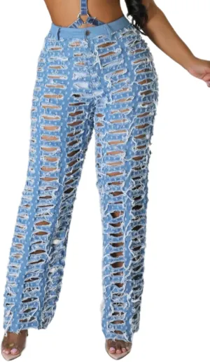 Vaceky Distressed Ripped Jeans Women Elastic Waist Straight Leg Denim Pants