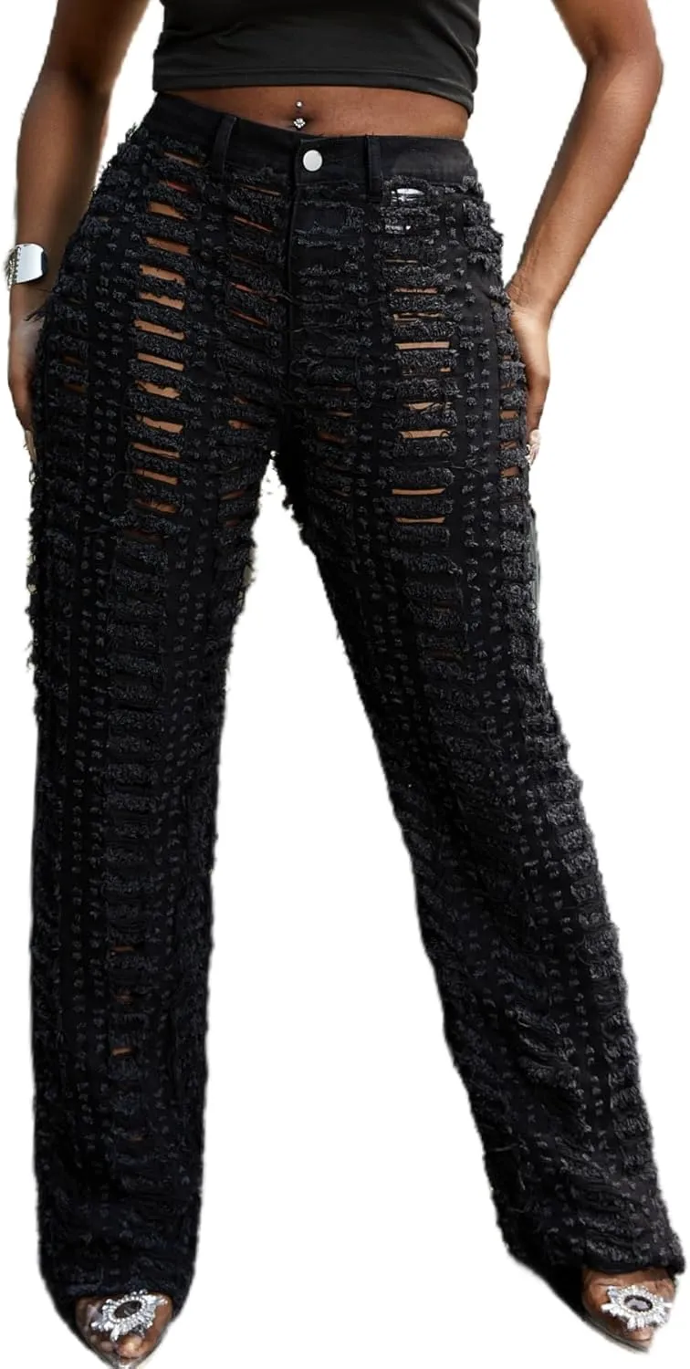 Vaceky Distressed Ripped Jeans Women Elastic Waist Straight Leg Denim Pants