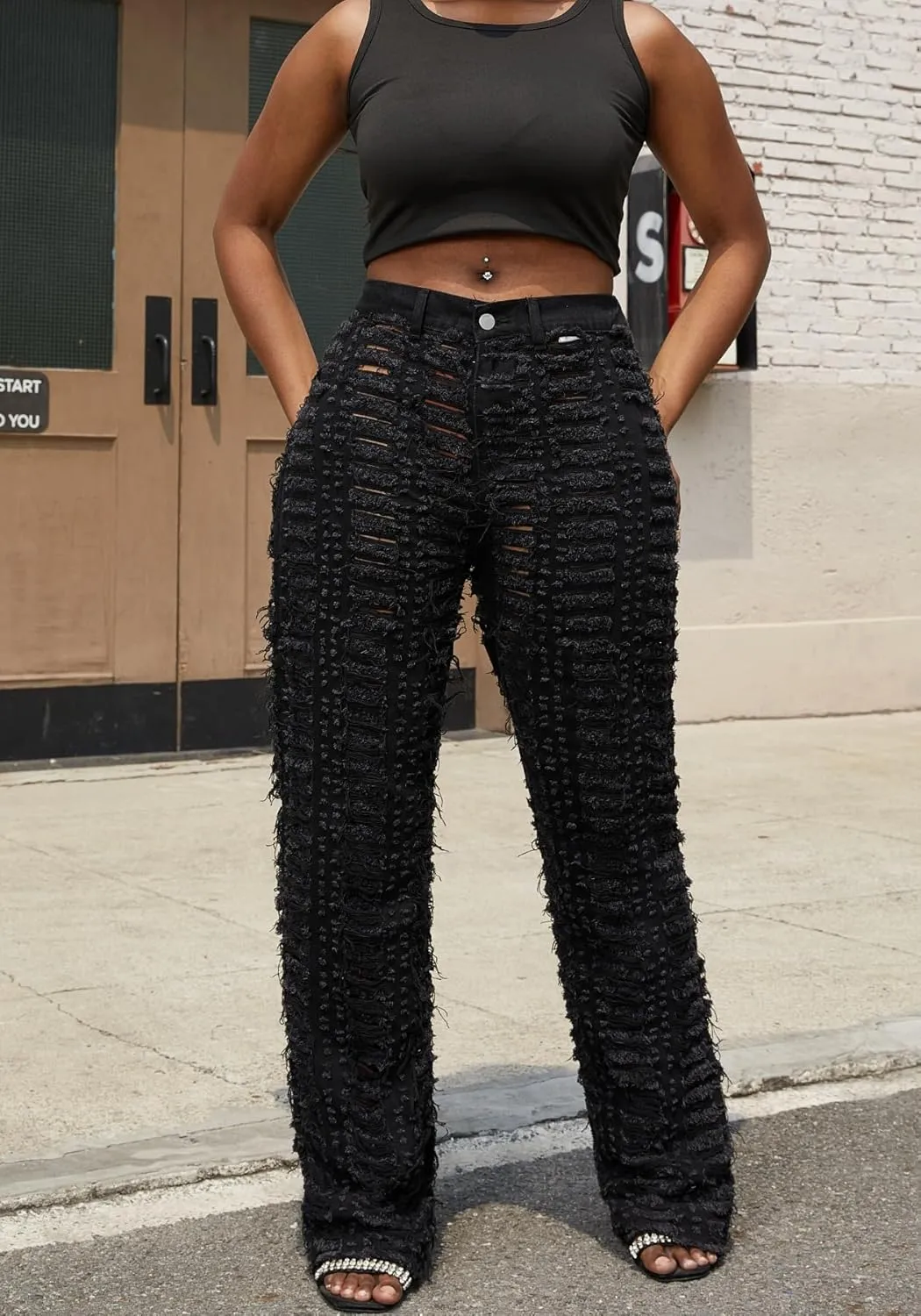 Vaceky Distressed Ripped Jeans Women Elastic Waist Straight Leg Denim Pants