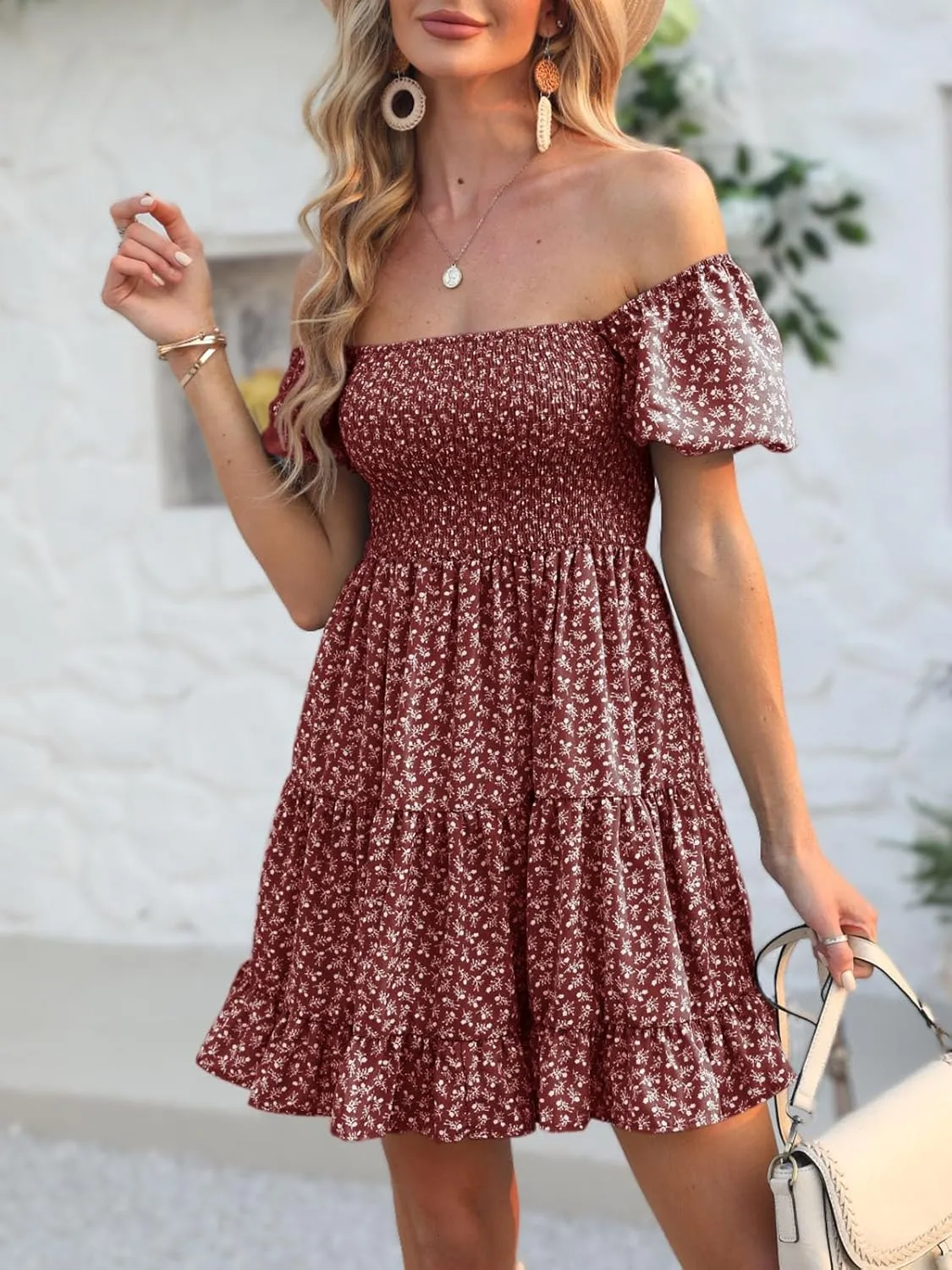 Veatzaer Women's Puff Sleeve Square Neck Smocked Babydoll Dress Boho Floral Print Off Shoulder Ruffle Mini Short Dress