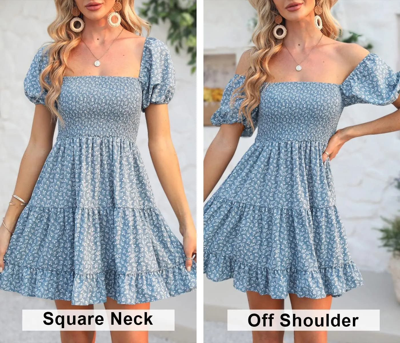 Veatzaer Women's Puff Sleeve Square Neck Smocked Babydoll Dress Boho Floral Print Off Shoulder Ruffle Mini Short Dress