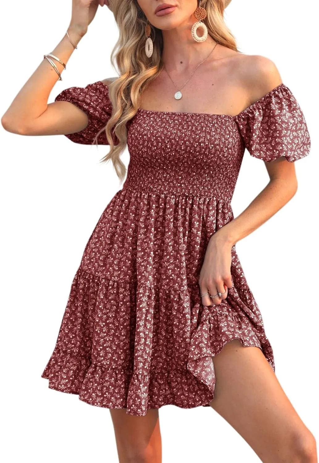 Veatzaer Women's Puff Sleeve Square Neck Smocked Babydoll Dress Boho Floral Print Off Shoulder Ruffle Mini Short Dress