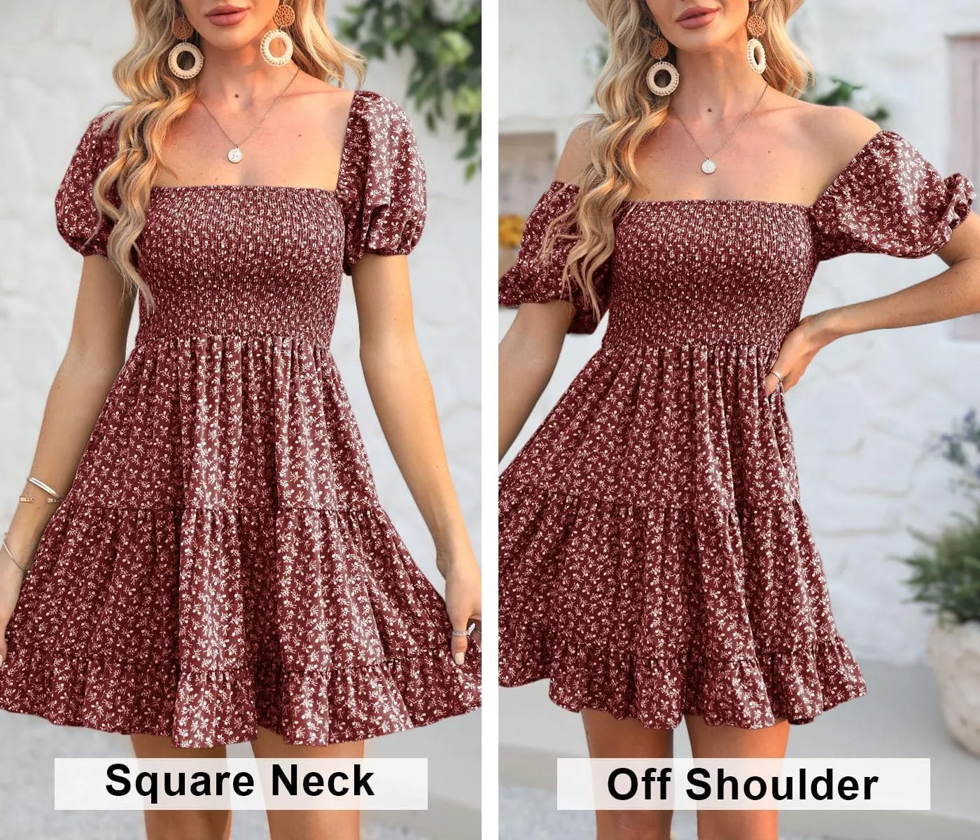 Veatzaer Women's Puff Sleeve Square Neck Smocked Babydoll Dress Boho Floral Print Off Shoulder Ruffle Mini Short Dress