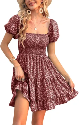 Veatzaer Women's Puff Sleeve Square Neck Smocked Babydoll Dress Boho Floral Print Off Shoulder Ruffle Mini Short Dress