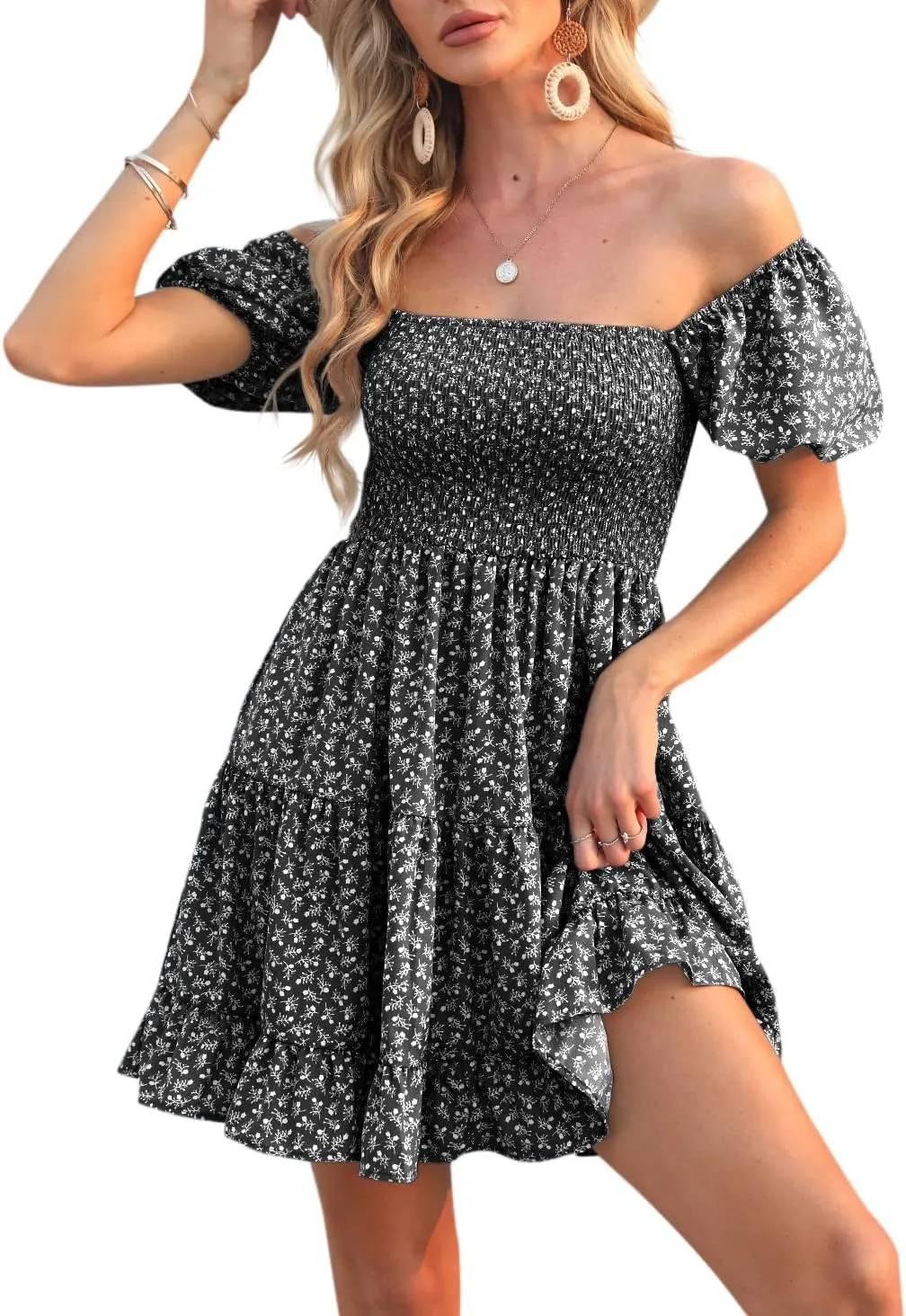 Veatzaer Women's Puff Sleeve Square Neck Smocked Babydoll Dress Boho Floral Print Off Shoulder Ruffle Mini Short Dress