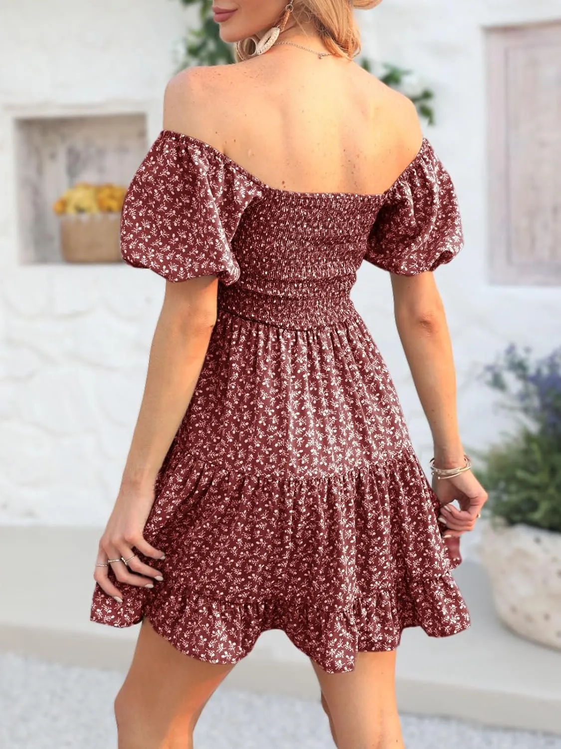 Veatzaer Women's Puff Sleeve Square Neck Smocked Babydoll Dress Boho Floral Print Off Shoulder Ruffle Mini Short Dress