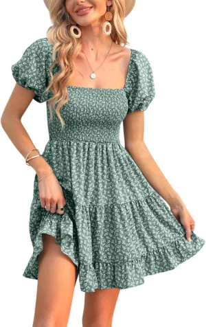 Veatzaer Women's Puff Sleeve Square Neck Smocked Babydoll Dress Boho Floral Print Off Shoulder Ruffle Mini Short Dress