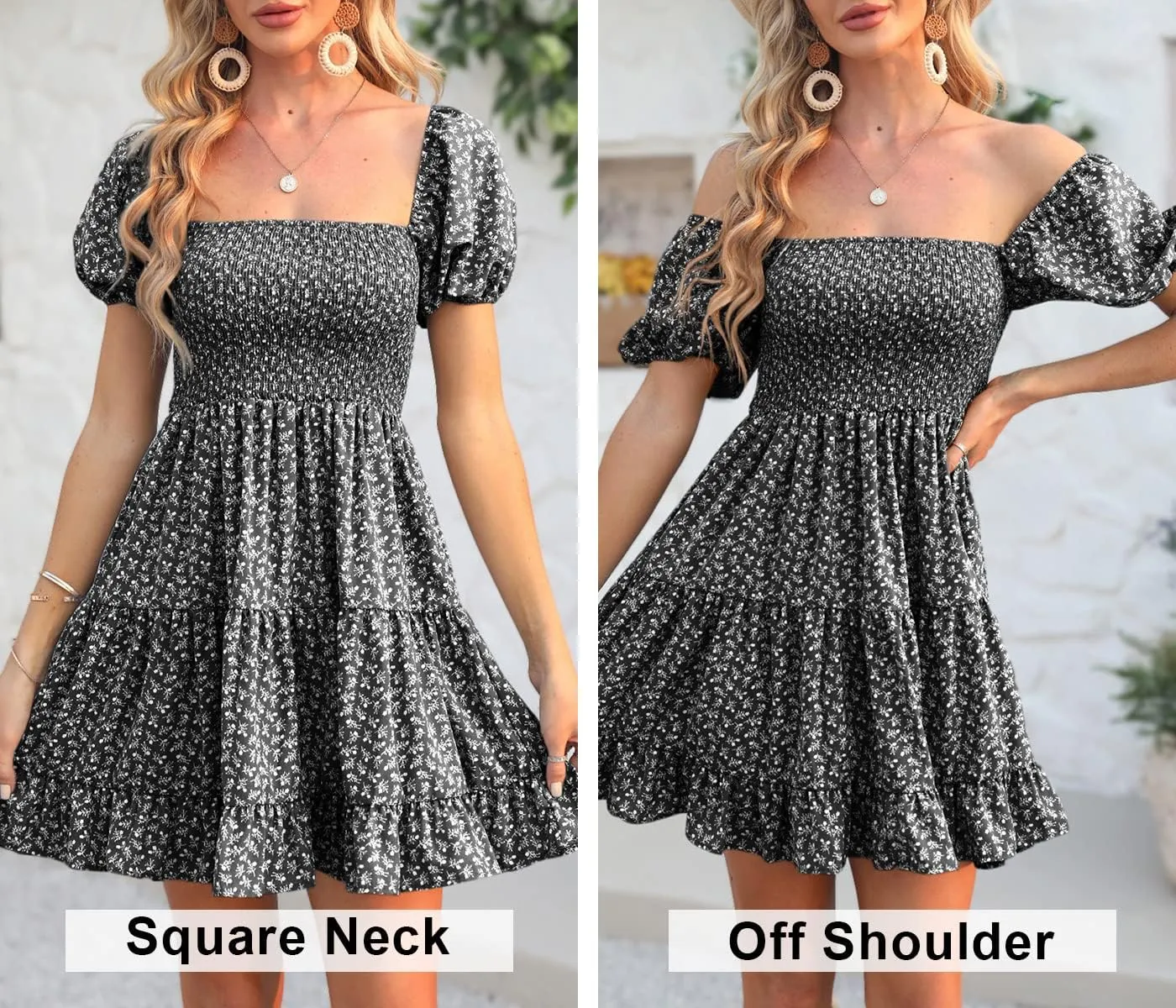 Veatzaer Women's Puff Sleeve Square Neck Smocked Babydoll Dress Boho Floral Print Off Shoulder Ruffle Mini Short Dress