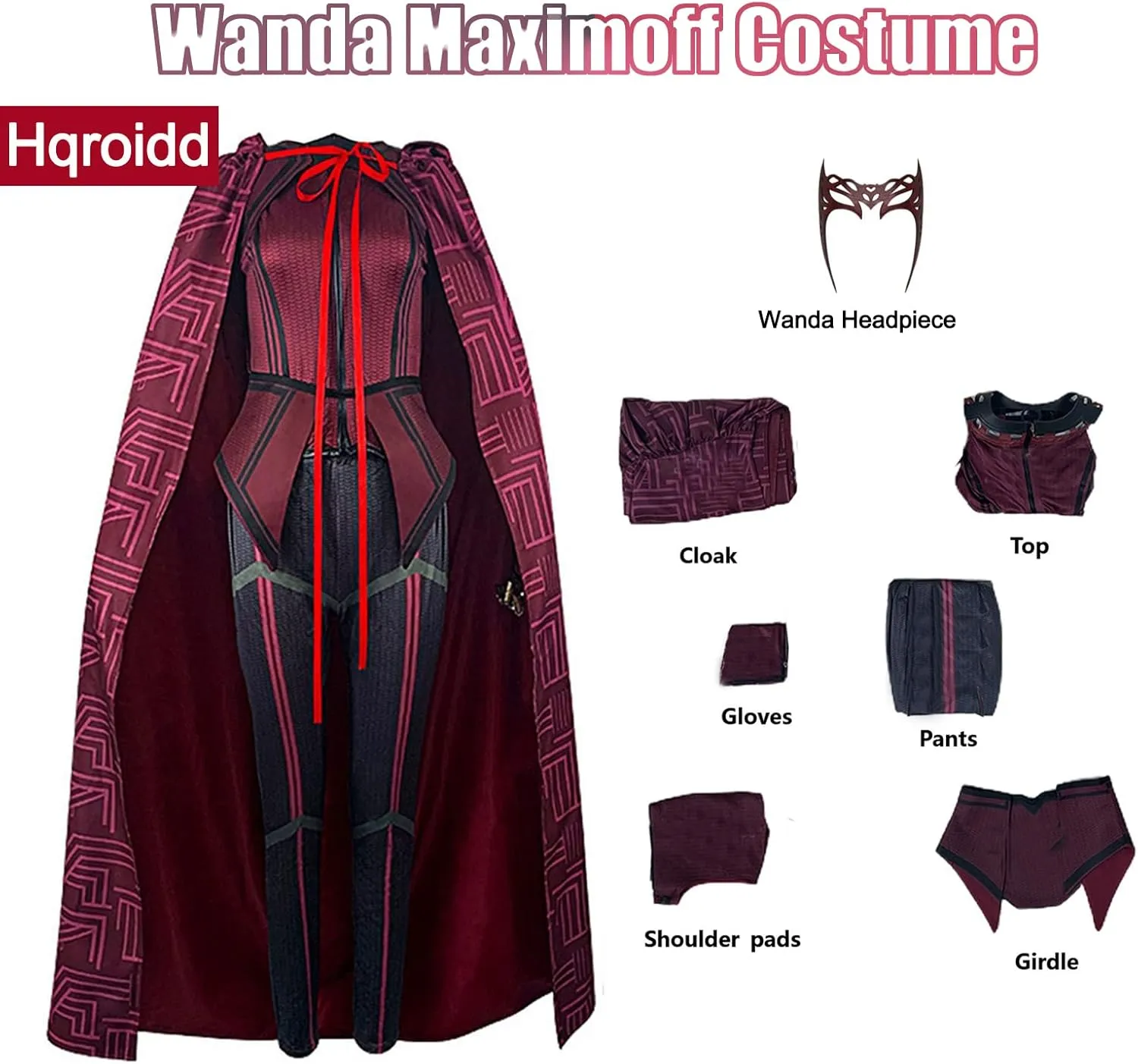 Wanda Maximoff Costume Scarlet Cloak Witch Headpiece Outfits Women Red Cape Top Pants 7 Pcs Sets Halloween Accessory
