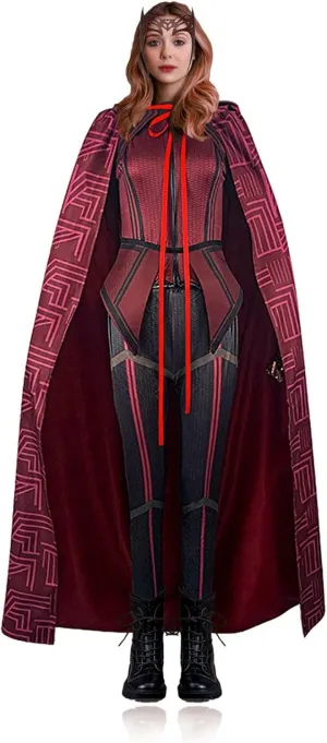 Wanda Maximoff Costume Scarlet Cloak Witch Headpiece Outfits Women Red Cape Top Pants 7 Pcs Sets Halloween Accessory