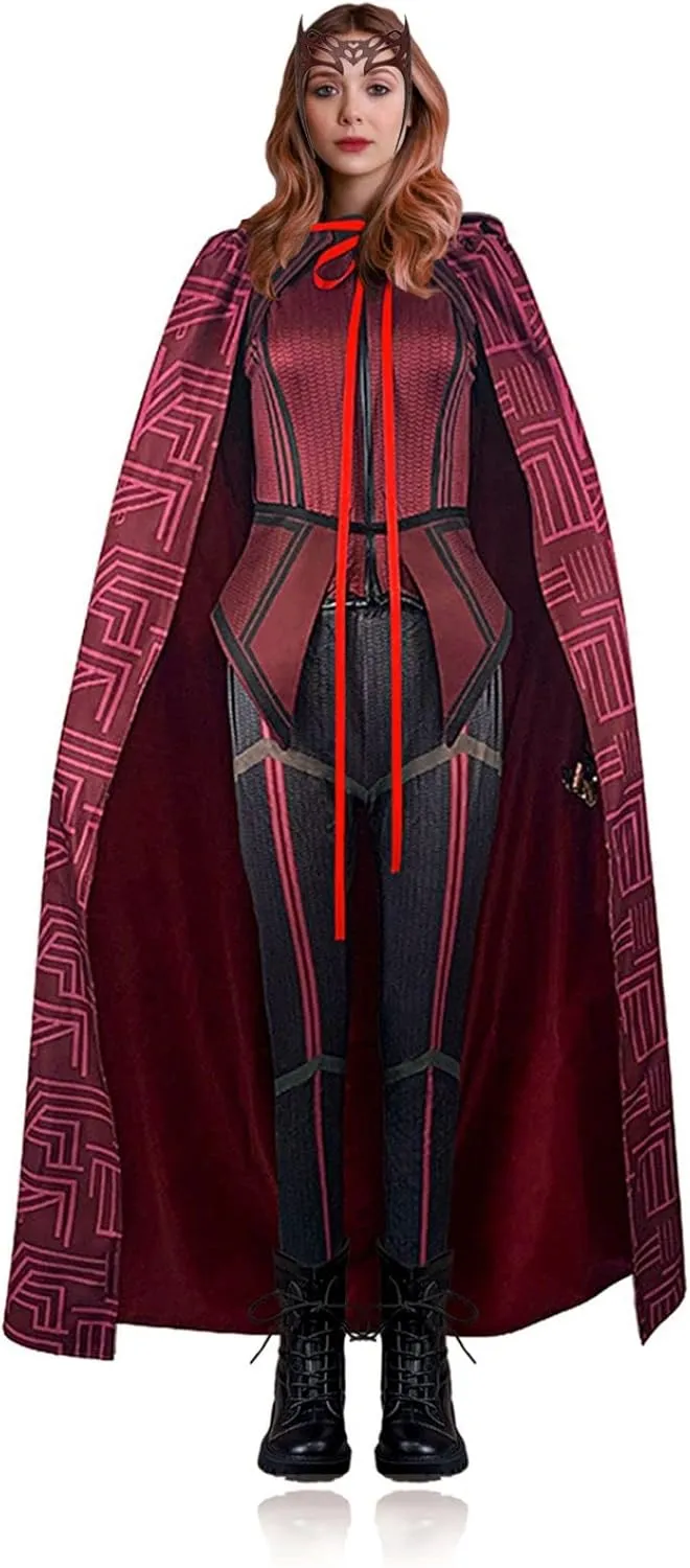 Wanda Maximoff Costume Scarlet Cloak Witch Headpiece Outfits Women Red Cape Top Pants 7 Pcs Sets Halloween Accessory