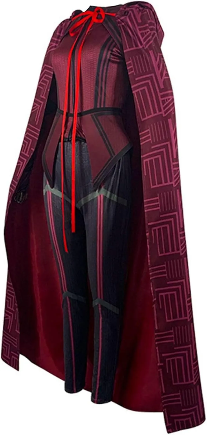 Wanda Maximoff Costume Scarlet Cloak Witch Headpiece Outfits Women Red Cape Top Pants 7 Pcs Sets Halloween Accessory