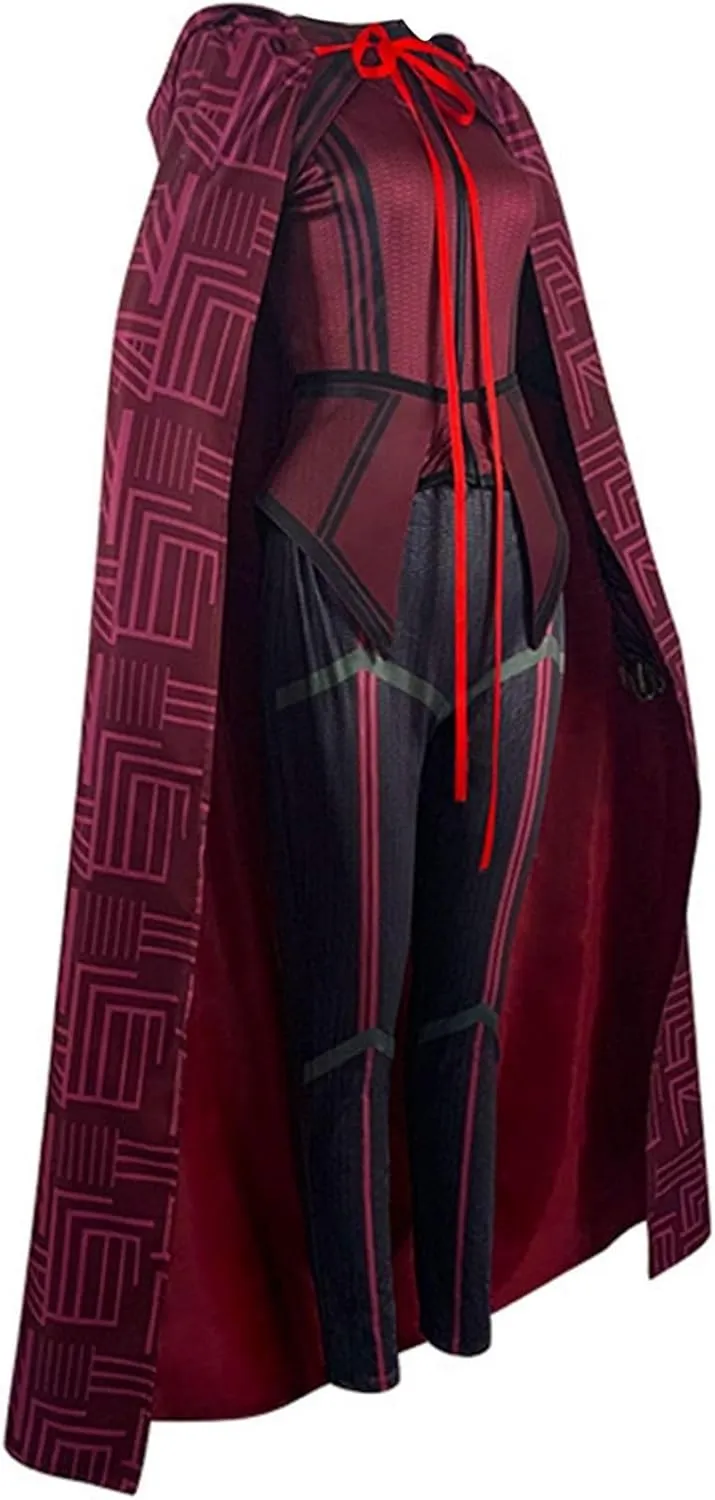Wanda Maximoff Costume Scarlet Cloak Witch Headpiece Outfits Women Red Cape Top Pants 7 Pcs Sets Halloween Accessory