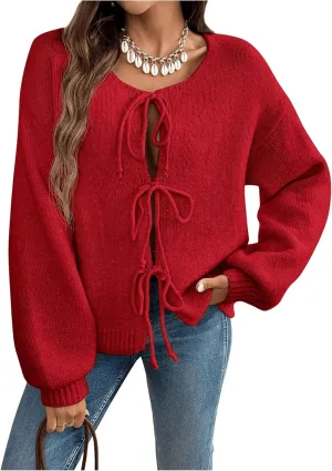 WDIRARA Women's Tie Front Crewneck Knit Cardigan Long Sleeve Drop Shoulder Sweater