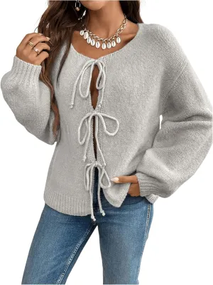 WDIRARA Women's Tie Front Crewneck Knit Cardigan Long Sleeve Drop Shoulder Sweater