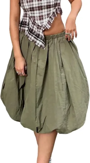 Winioder Women Y2K Bubble Midi Skirt Elastic High Waist A-Line Pleated Skirts Summer Ruffle Hem Puffy Short Skirts Streetwear