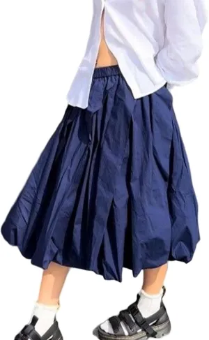 Winioder Women Y2K Bubble Midi Skirt Elastic High Waist A-Line Pleated Skirts Summer Ruffle Hem Puffy Short Skirts Streetwear