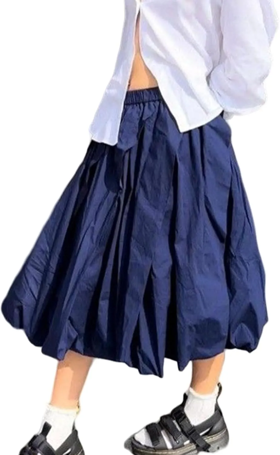 Winioder Women Y2K Bubble Midi Skirt Elastic High Waist A-Line Pleated Skirts Summer Ruffle Hem Puffy Short Skirts Streetwear