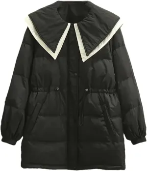 Winter Parka Down Cotton Jacket Women Loose Fit Long Padded Coat Sailor Collar Patchwork Thick Warm Coat
