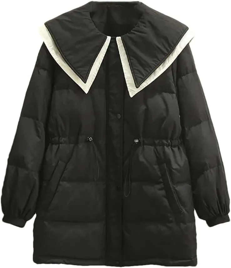 Winter Parka Down Cotton Jacket Women Loose Fit Long Padded Coat Sailor Collar Patchwork Thick Warm Coat