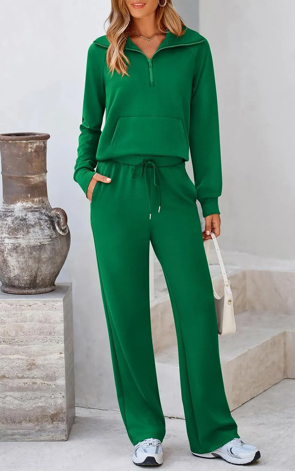 Women 2 Piece Half Zip Sweatsuit Fall Outfits 2024 Casual Sweatshirt Wide Leg Sweatpants Matching Lounge Set Tracksuit