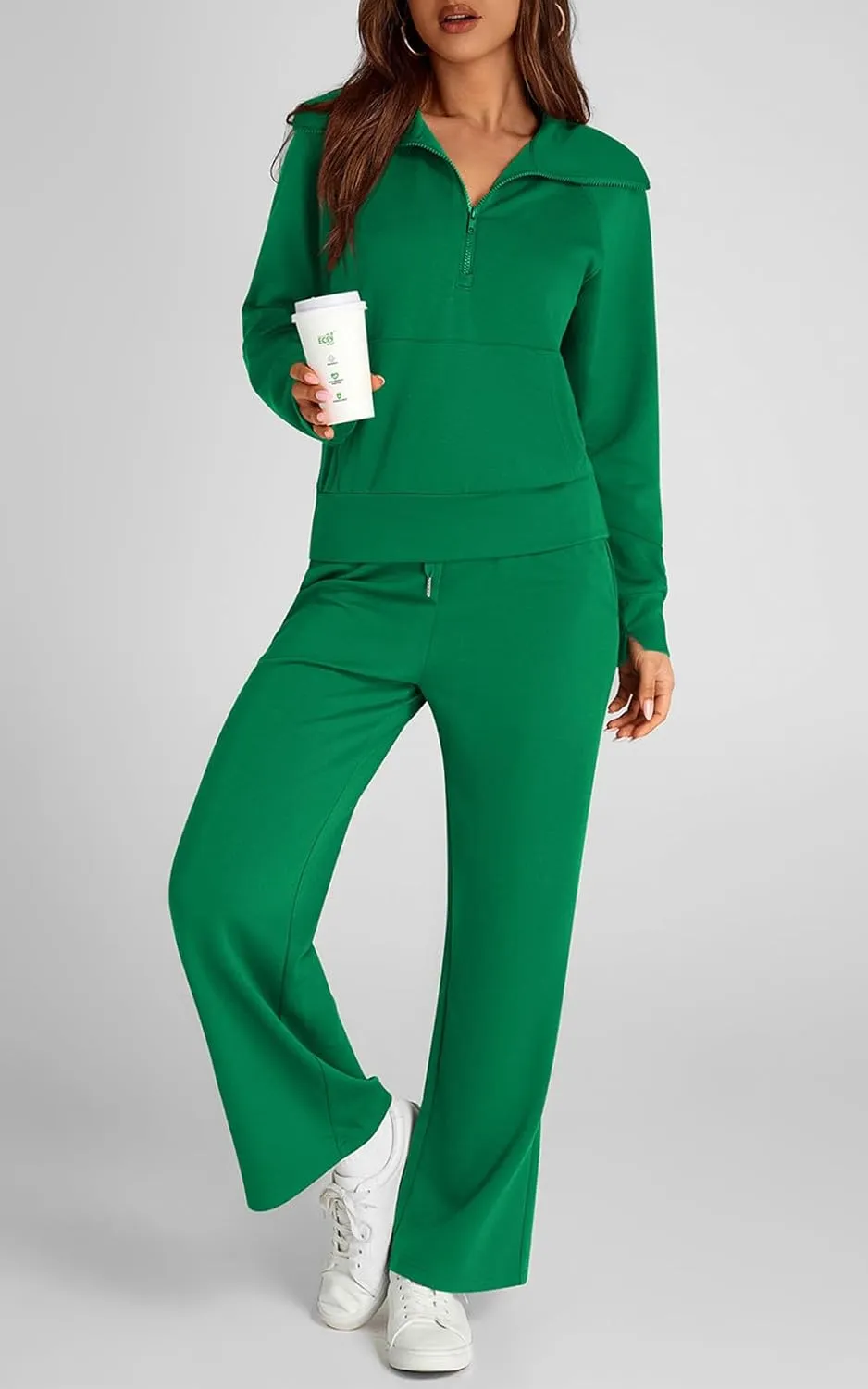 Women 2 Piece Half Zip Sweatsuit Fall Outfits 2024 Casual Sweatshirt Wide Leg Sweatpants Matching Lounge Set Tracksuit