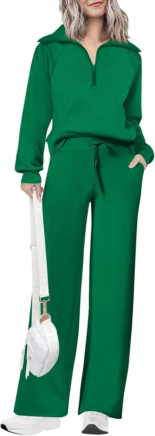 Women 2 Piece Half Zip Sweatsuit Fall Outfits 2024 Casual Sweatshirt Wide Leg Sweatpants Matching Lounge Set Tracksuit
