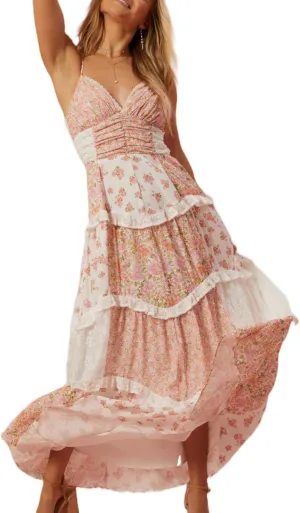 Women Boho Floral Tie Shoulder Maxi Dress Flowy Patchwork Smocked Long Sundresses Summer Ruffle Y2k Sleeveless Dresses