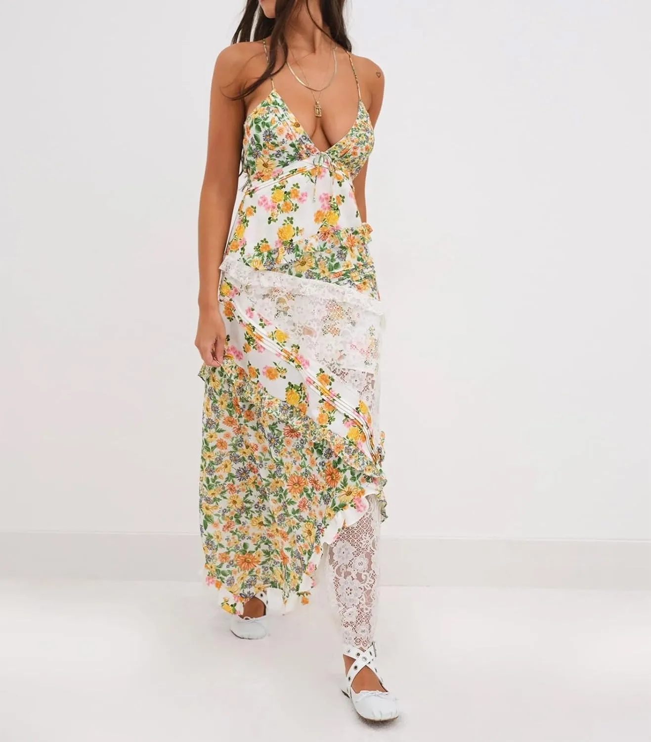 Women Boho Patchwork Maxi Dress Y2k Sleeveless Spaghetti Strap Backless Long Dress Floral Beach Vacation Sundress