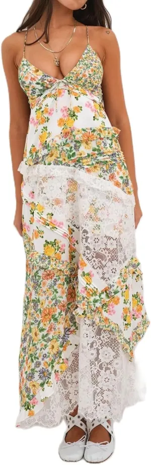 Women Boho Patchwork Maxi Dress Y2k Sleeveless Spaghetti Strap Backless Long Dress Floral Beach Vacation Sundress