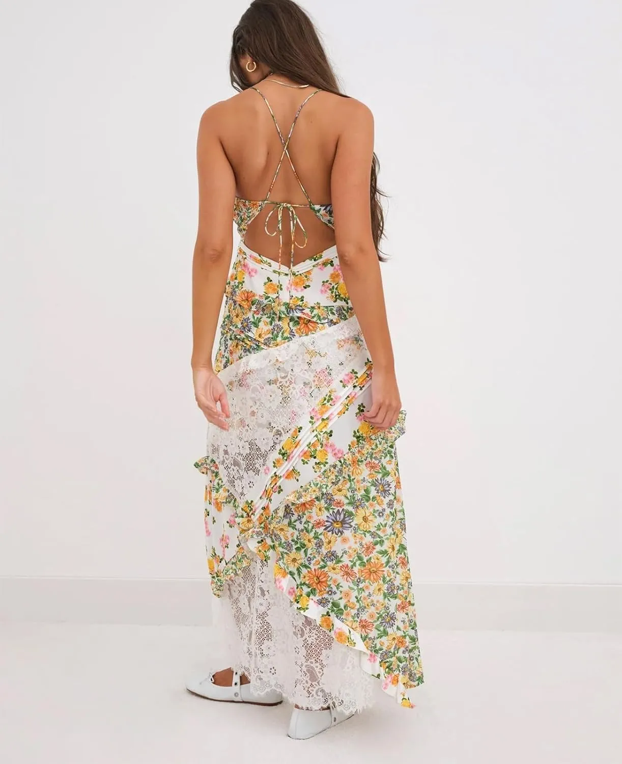Women Boho Patchwork Maxi Dress Y2k Sleeveless Spaghetti Strap Backless Long Dress Floral Beach Vacation Sundress