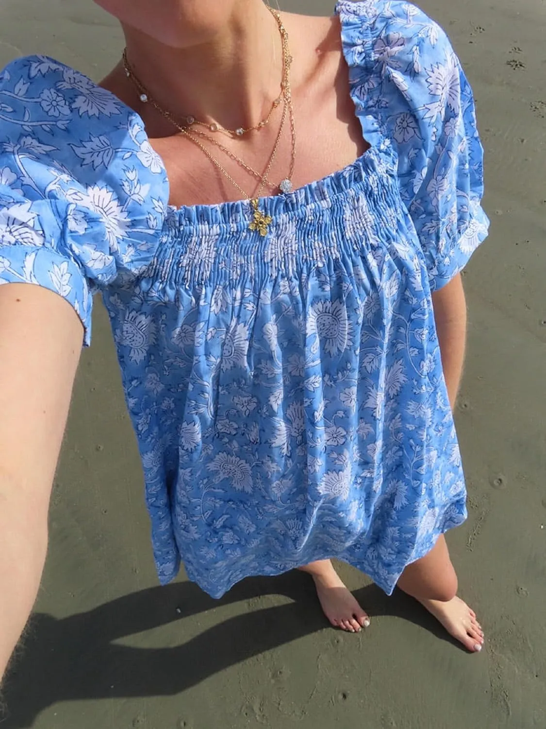 Women Boho Short Dress Puff Short Sleeves Flowy Backless Mini Dress Floral Loose A-line Dresses Summer Beachwear