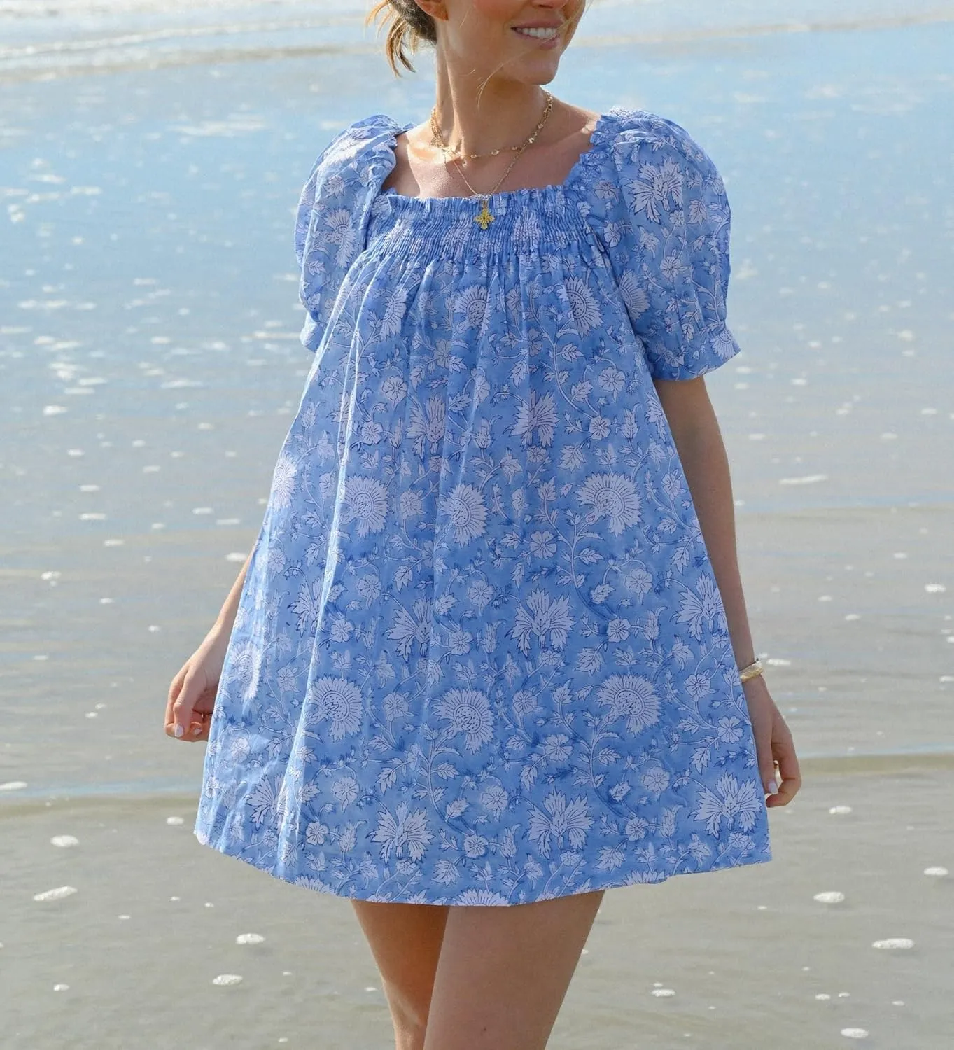 Women Boho Short Dress Puff Short Sleeves Flowy Backless Mini Dress Floral Loose A-line Dresses Summer Beachwear
