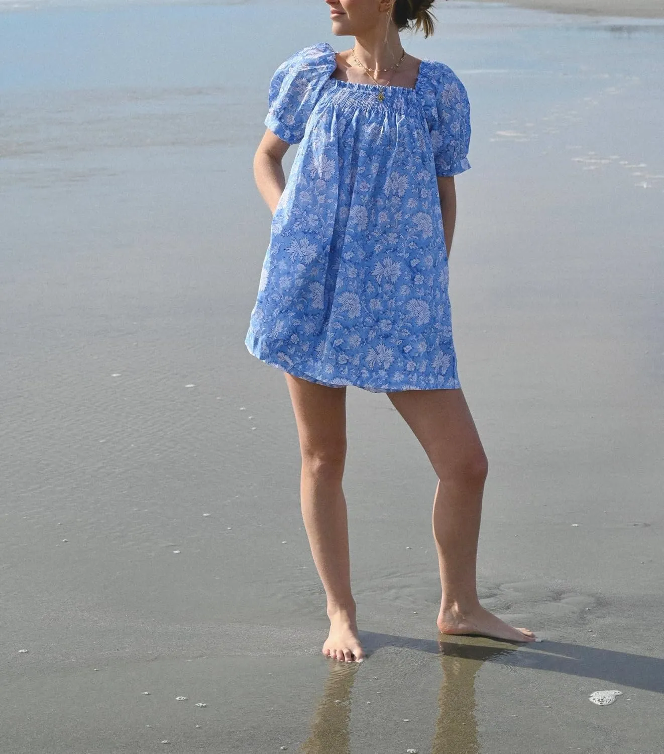 Women Boho Short Dress Puff Short Sleeves Flowy Backless Mini Dress Floral Loose A-line Dresses Summer Beachwear