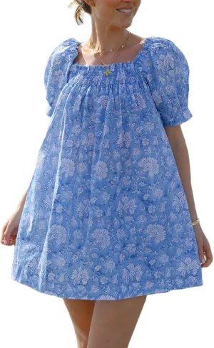 Women Boho Short Dress Puff Short Sleeves Flowy Backless Mini Dress Floral Loose A-line Dresses Summer Beachwear