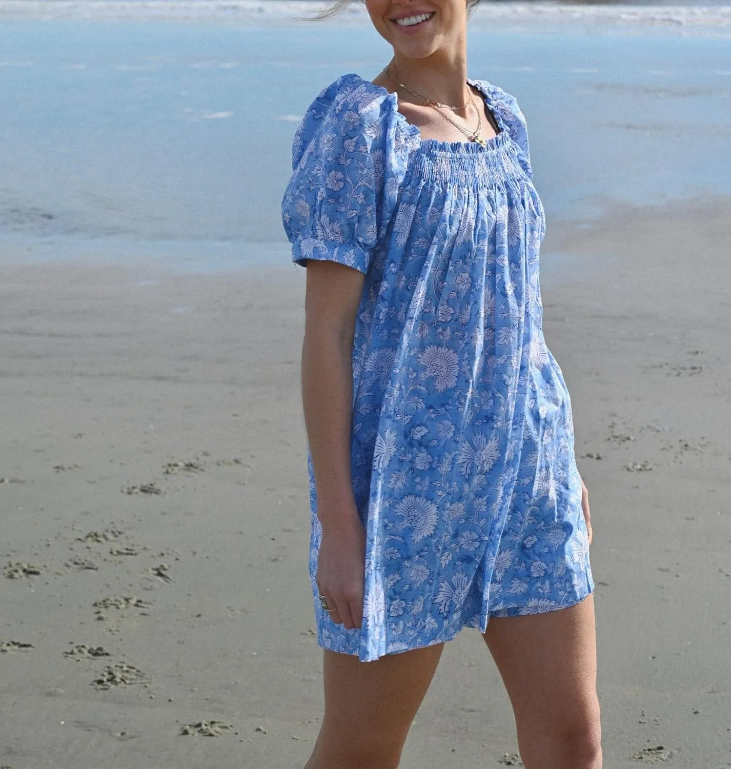 Women Boho Short Dress Puff Short Sleeves Flowy Backless Mini Dress Floral Loose A-line Dresses Summer Beachwear