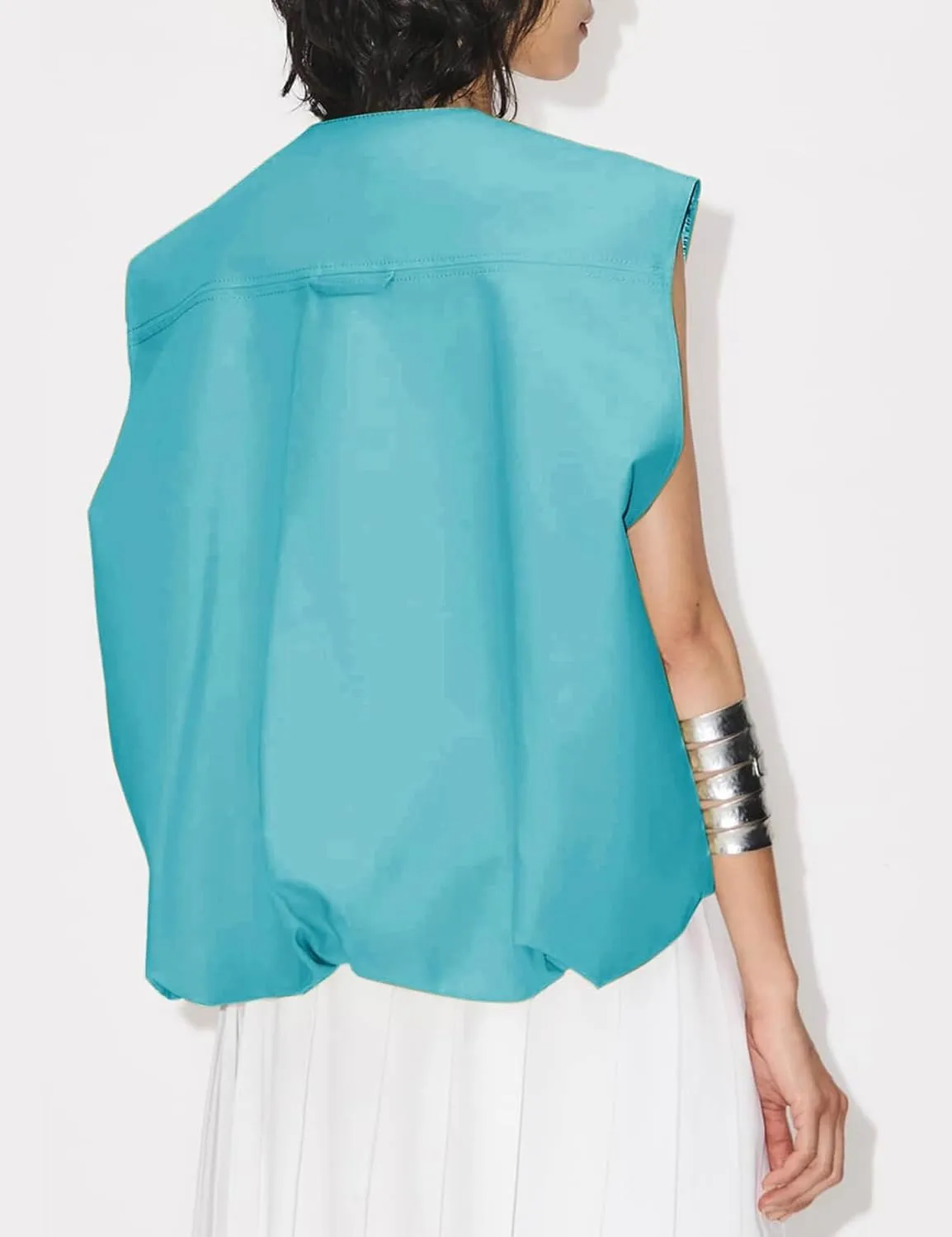 Women Cargo Vest Oversize Cropped Sleeveless Jacket Lightweight Ruffle Ruched Fashion Tops Summer Casual Zip Up Outfit