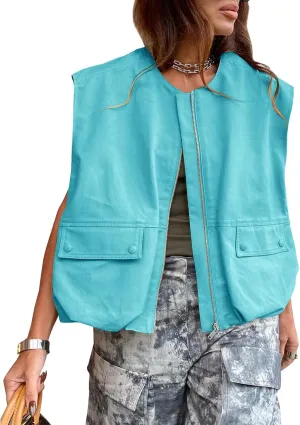 Women Cargo Vest Oversize Cropped Sleeveless Jacket Lightweight Ruffle Ruched Fashion Tops Summer Casual Zip Up Outfit
