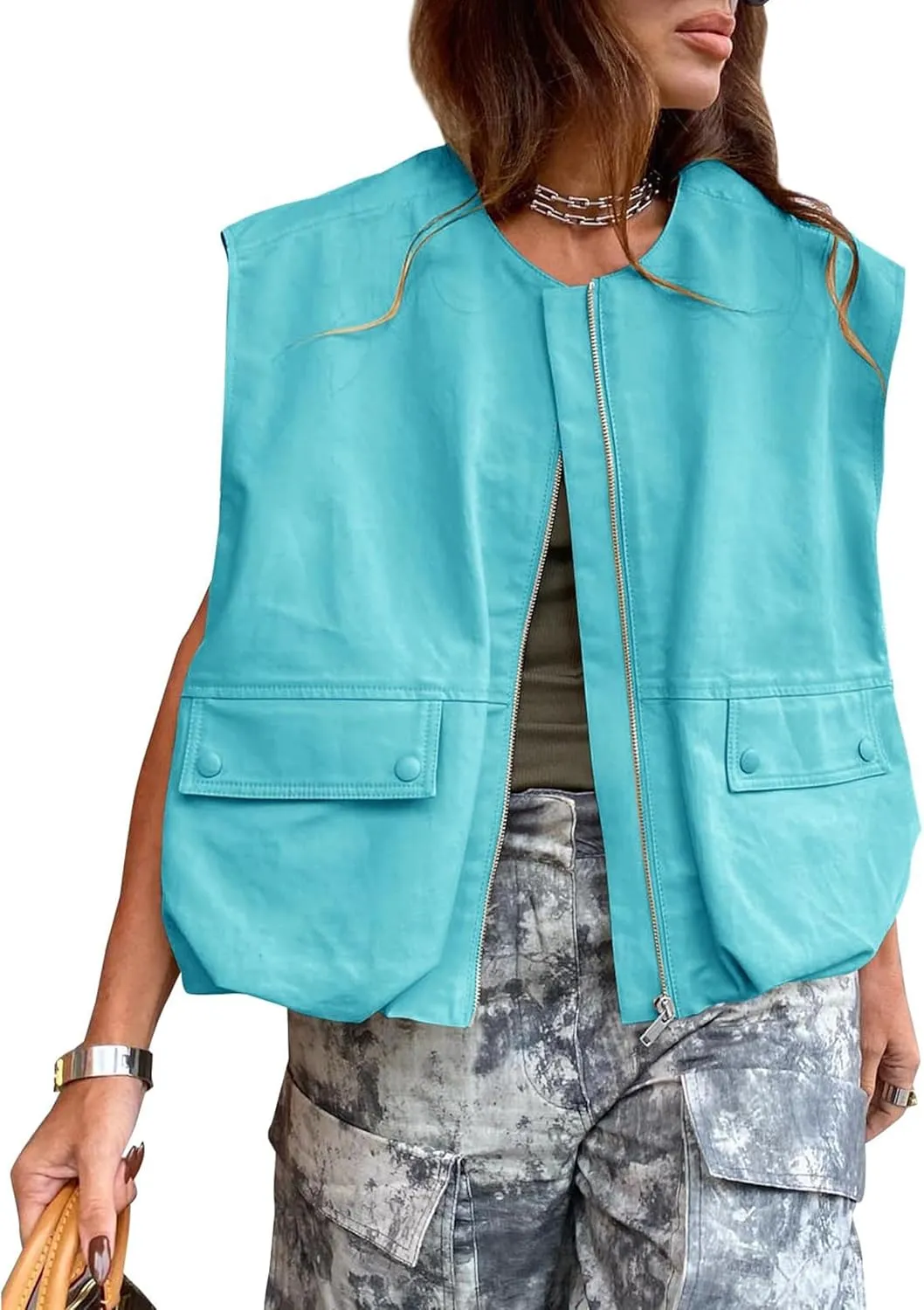 Women Cargo Vest Oversize Cropped Sleeveless Jacket Lightweight Ruffle Ruched Fashion Tops Summer Casual Zip Up Outfit