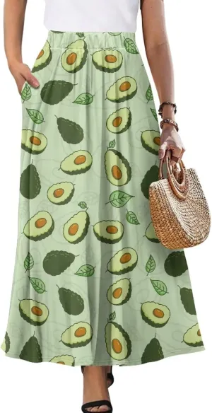 Women Long Skirt Casual A Line Ruffle Swing Flowy Skorts with Side Pokcet and Elastic Band S-XXL