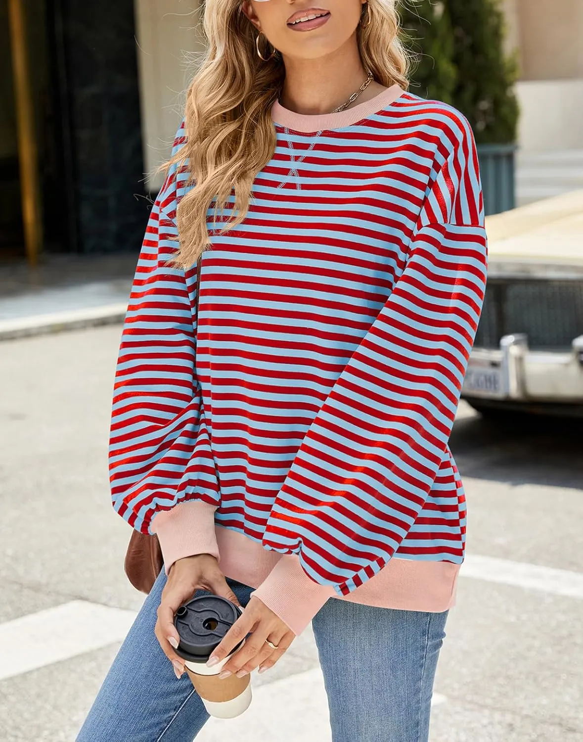 Women Oversized Striped Color Block Sweatshirt Crew Neck Long Sleeve Casual Loose Pullover Y2K Shirt Top
