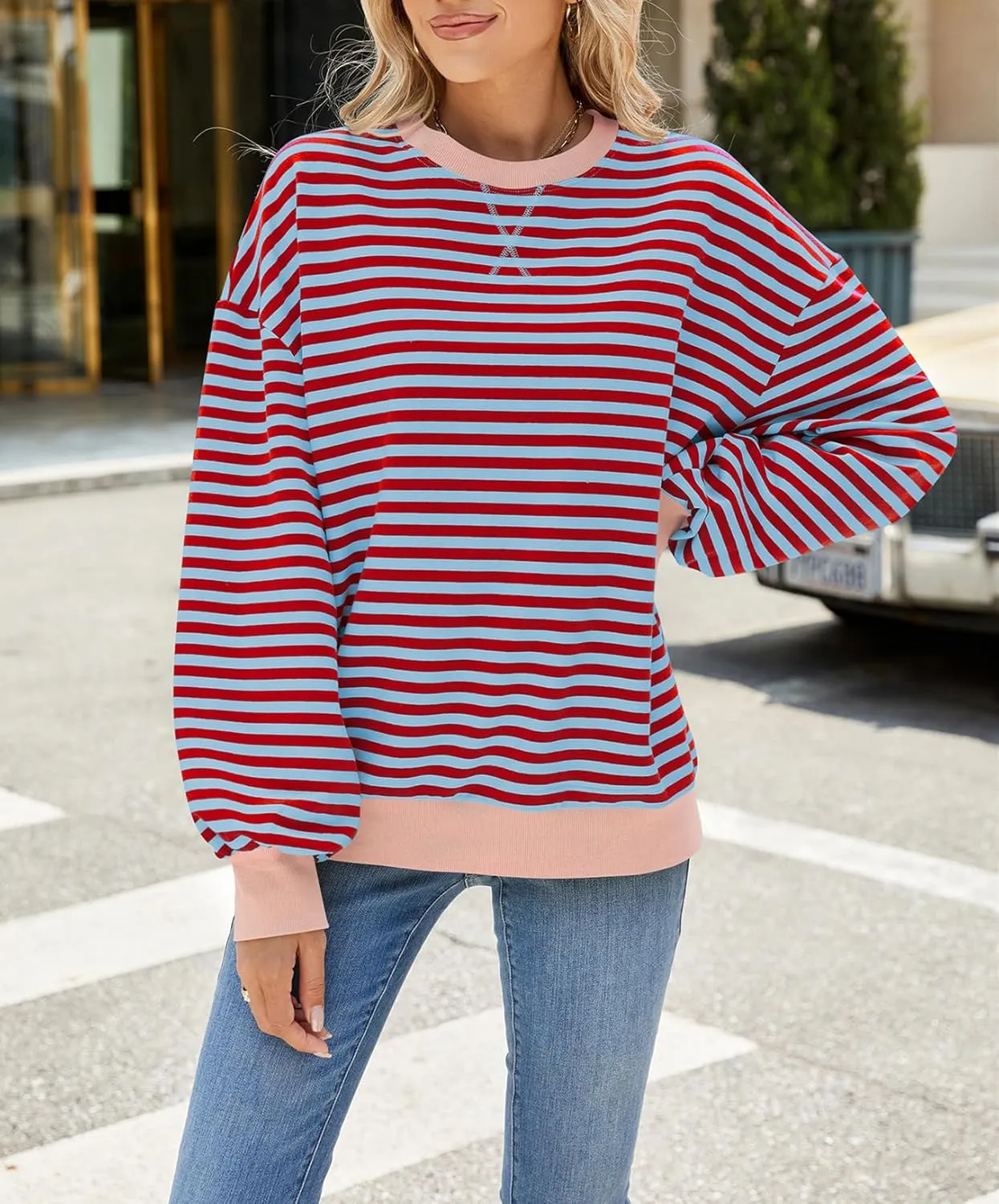 Women Oversized Striped Color Block Sweatshirt Crew Neck Long Sleeve Casual Loose Pullover Y2K Shirt Top
