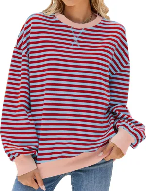 Women Oversized Striped Color Block Sweatshirt Crew Neck Long Sleeve Casual Loose Pullover Y2K Shirt Top