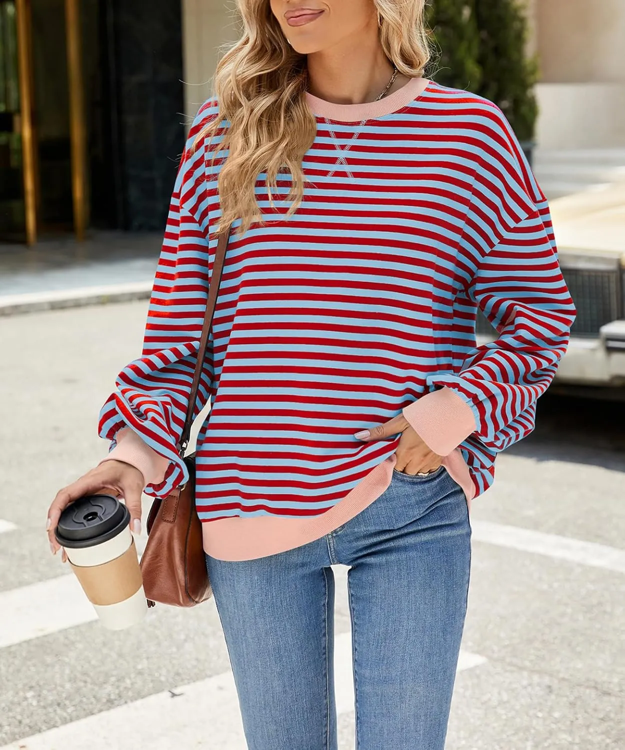 Women Oversized Striped Color Block Sweatshirt Crew Neck Long Sleeve Casual Loose Pullover Y2K Shirt Top