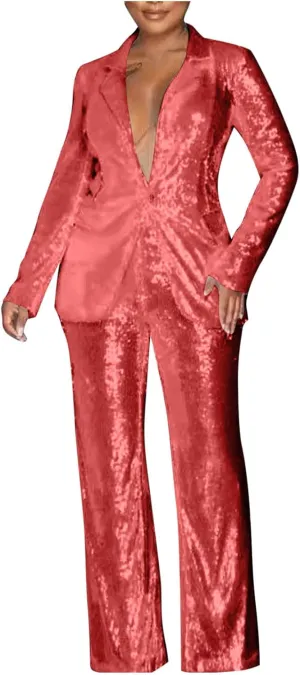 Women Sequin Blazer Sets Formal Prom Glitter Pants Suits Sparkly Jackets Wedding Evening Party 2 Piece Outfits