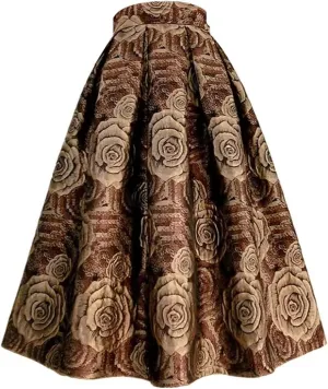 Women Spring Autumn Rose Embroidery High Waist Pleated Long Puffy Midi Skirt Party