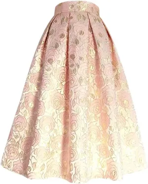 Women Spring Autumn Rose Floral High Waist Pleated Long Puffy Midi Maxi Skirt Party